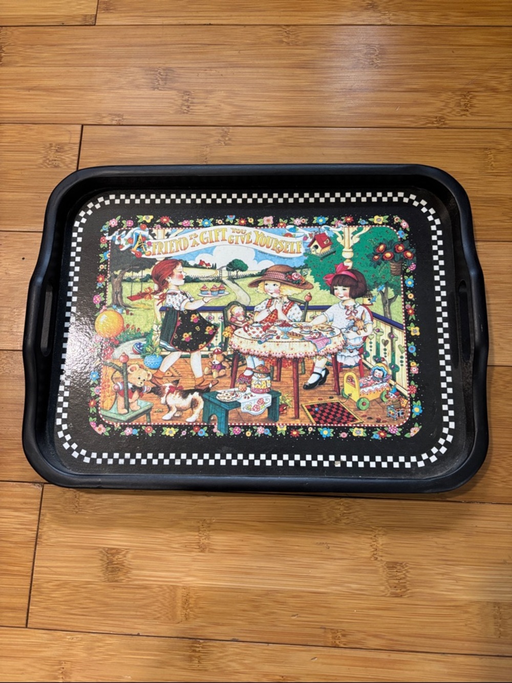 Mary Engelbreit Black Tray with Colorful Tea Party Illustration